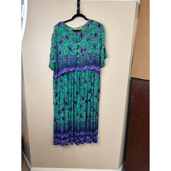 Vintage Plus Class By Just Class Women's Green Dress Size M short sleeve floral - Picture 1 of 7